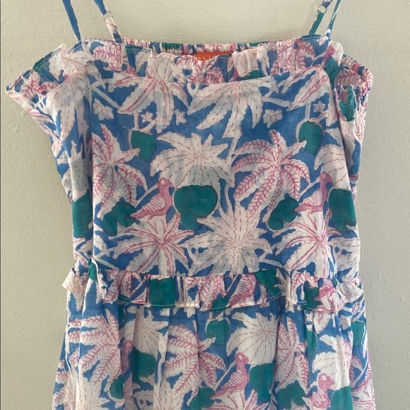 Oliphant Mini Dress Palm Tree Smocked back Cayman Blue Pink size M tired ruffles - Picture 7 of 11